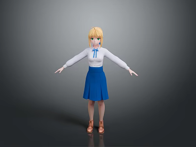 Blonde Haired 3D Character Model Wearing White Blouse Blue Bow Blue Skirt And Brown Shoes 3d model