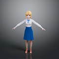 Blonde Haired 3D Character Model Wearing White Blouse Blue Bow Blue Skirt And Brown Shoes