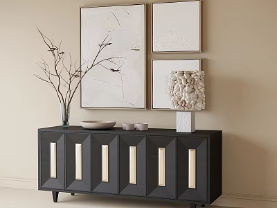 Modern Black Console Table With Golden Accents And Vase Near Wall Artworks 3d model