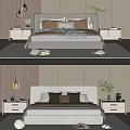 Modern Bedroom Interior Design With Double Bed Soft Pillows Cozy Blanket Nightstands Lamps And Plants