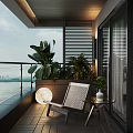 Modern Home Balcony With Lounge Chair Green Plants Wooden Floor Warm Lighting And Lake View
