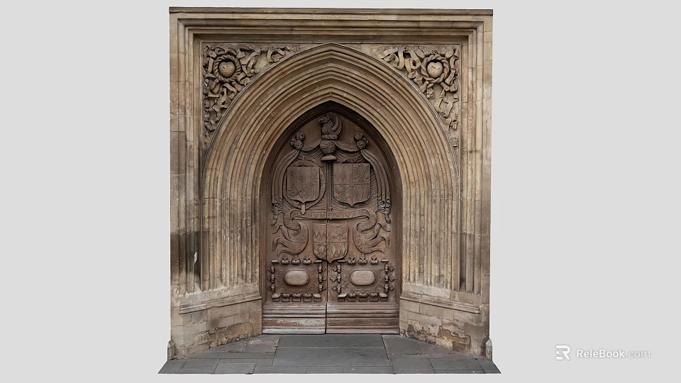 Classical Historical Arched Wooden Door With Intricate Carvings Stone Frame And Ornate Coat Of Arms 3d model 