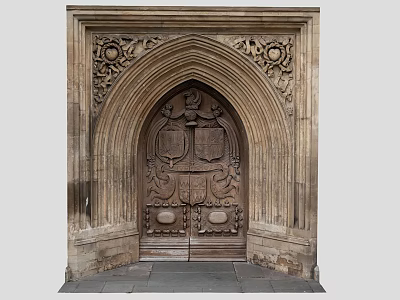 Classical Historical Arched Wooden Door With Intricate Carvings Stone Frame And Ornate Coat Of Arms 3d model