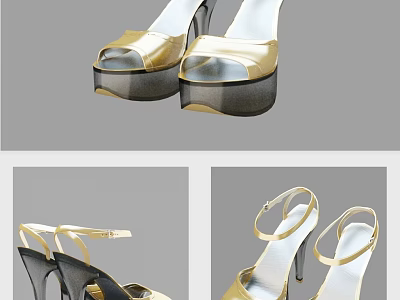 Gold Metallic Platform High Heel Shoes With Clear Ankle Strap And Thick Sole 3d model