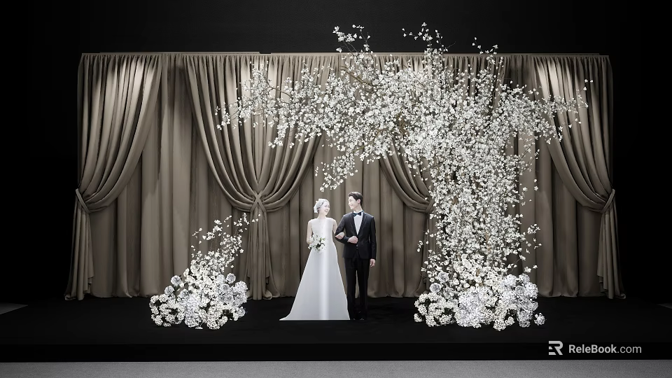 Bride And Groom Standing Under White Floral Arch With Beige Curtains And Decorative Lights 3d model 