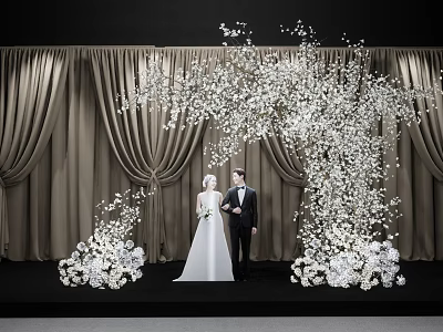 Bride And Groom Standing Under White Floral Arch With Beige Curtains And Decorative Lights 3d model