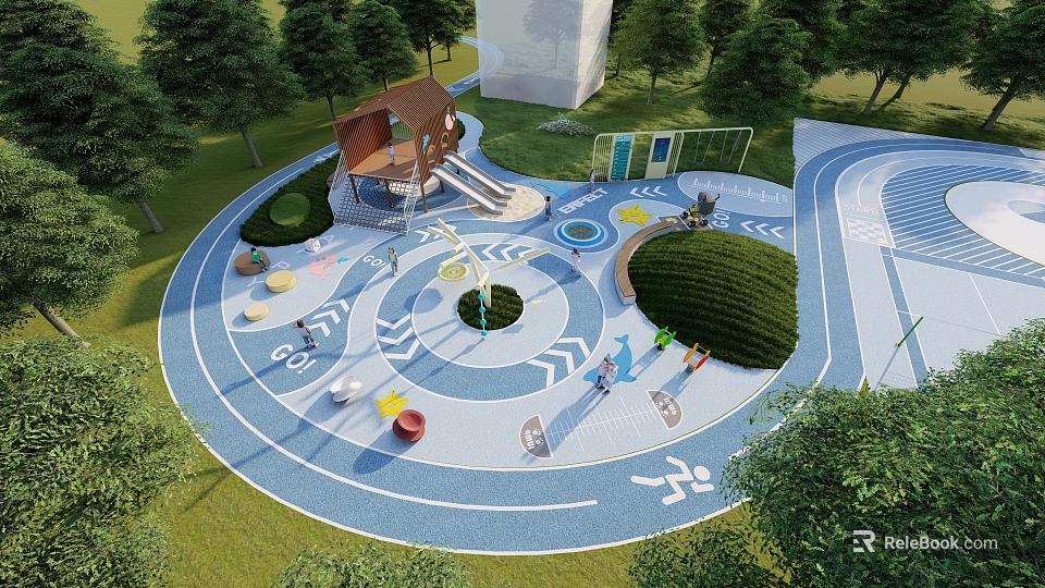 Outdoor Kids Playground Equipment With Slide Track Maze And Playhouse In Green Space 3d model 