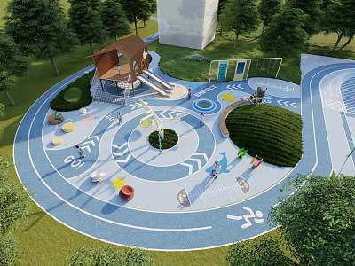 Outdoor Kids Playground Equipment With Slide Track Maze And Playhouse In Green Space 3d model