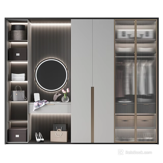 Modern Wardrobe Interior Design With Round Mirror Shelves And Clothes Storage 3d model