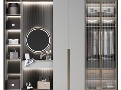Modern Wardrobe Interior Design With Round Mirror Shelves And Clothes Storage 3d model