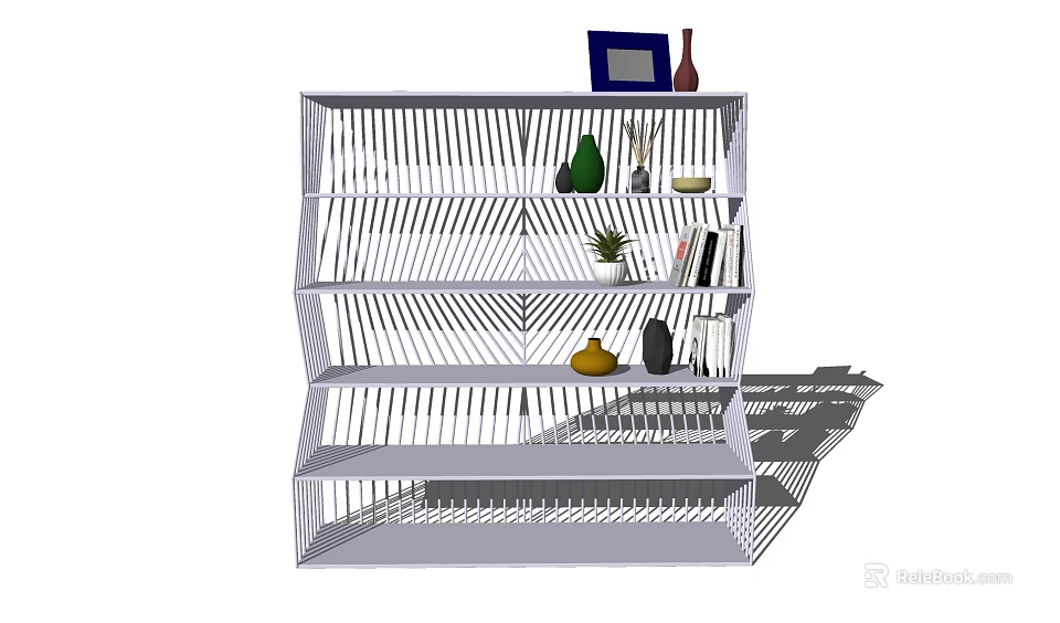 Modern White Geometric Shelving Unit With Decorative Items Books And Plants 3d model 