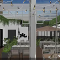 Elegant Outdoor Dining Area With Vines String Lights Tables Chairs And Umbrellas 3d model