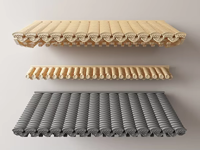 Architectural Components Featuring Curved Decorative Roof Tiles In Wooden And Gray Finishes 3d model