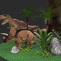Various Prehistoric Reptiles Including Dinosaurs Pterosaur And Eggs In Grassland With Palm Trees