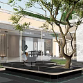 Modern Residential Landscape With Glass Facade Courtyard Water Pool Tree And Platform Seating