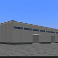 Modern Industrial Factory Building With White Exterior Blue Stripes And Multiple Entrances