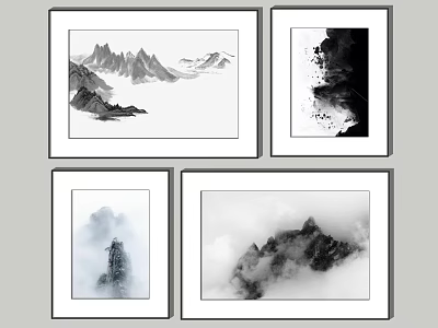 Framed Black And White Ink Wash Landscape Paintings With Misty Mountains And Clouds 3d model