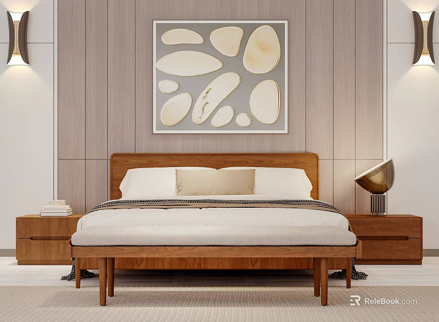 Modern Double Bed in Bedroom with Wooden Panel Wall Abstract Painting Nightstands and Wall Sconces 3d model 