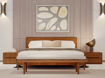 Modern Double Bed in Bedroom with Wooden Panel Wall Abstract Painting Nightstands and Wall Sconces 3d model