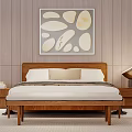 Modern Double Bed in Bedroom with Wooden Panel Wall Abstract Painting Nightstands and Wall Sconces
