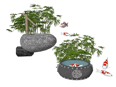 Decorative Water Fountain With Stone Basin Bamboo Plants And Koi Fish 3d model
