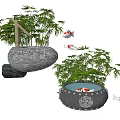 Decorative Water Fountain With Stone Basin Bamboo Plants And Koi Fish