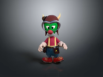 Cartoon Game Character With Green Face Horns Helmet Plaid Shirt Suspenders And Red Shoes 3d model