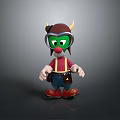 Cartoon Game Character With Green Face Horns Helmet Plaid Shirt Suspenders And Red Shoes