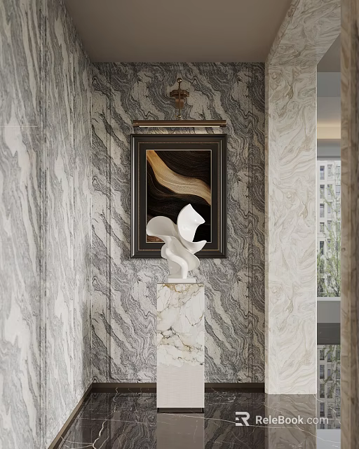 Elegant Entryway Interior Design With Marble Wall Framed Abstract Painting And White Sculpture On Pedestal 3d model 