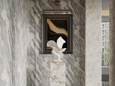 Elegant Entryway Interior Design With Marble Wall Framed Abstract Painting And White Sculpture On Pedestal 3d model