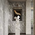 Elegant Entryway Interior Design With Marble Wall Framed Abstract Painting And White Sculpture On Pedestal