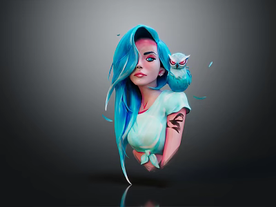 Blue Haired Girl With Red Eyed Owl On Shoulder Light Green T Shirt And Tattoo 3d model