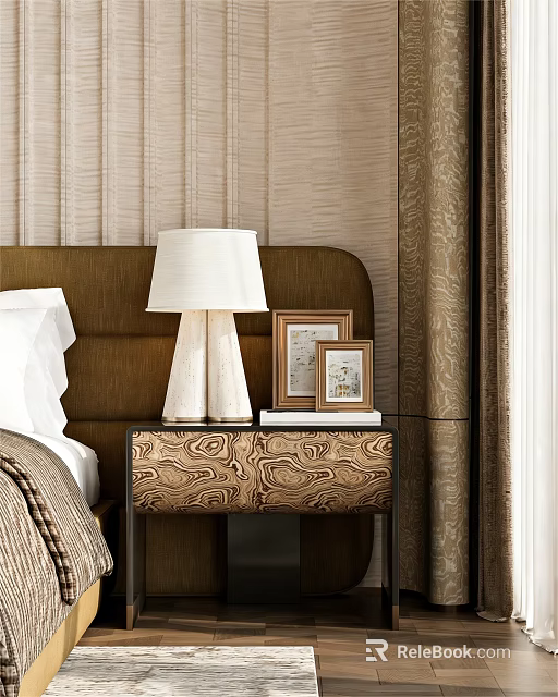Patterned Bedside Table With White Lamp Photo Frames And Books Against Textured Wallpaper In Bedroom 3d model 
