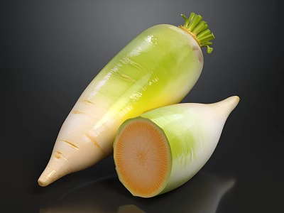 Fresh Green And White Radish With Orange Flesh On Dark Background 3d model