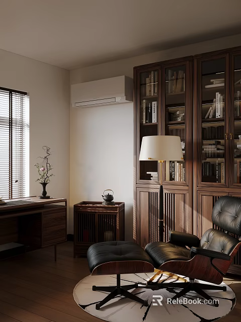 Elegant Study Room Interior With Wooden Bookshelves Floor Lamp And Leather Armchair 3d model 