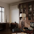 Elegant Study Room Interior With Wooden Bookshelves Floor Lamp And Leather Armchair