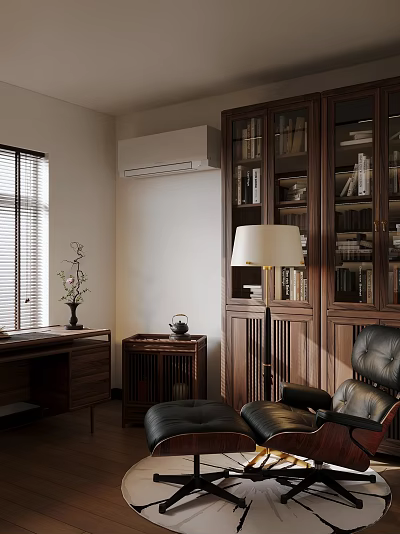 Elegant Study Room Interior With Wooden Bookshelves Floor Lamp And Leather Armchair 3d model