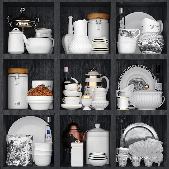 Elegant Ceramic Dinnerware Set with Plates Cups Teapots Bowls Jars Arranged on Wooden Shelves 3d model 