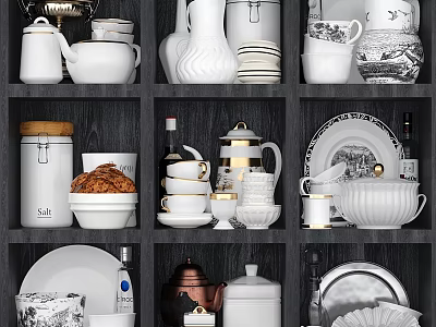 Elegant Ceramic Dinnerware Set with Plates Cups Teapots Bowls Jars Arranged on Wooden Shelves 3d model