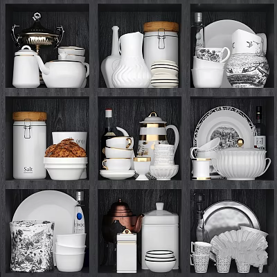 Elegant Ceramic Dinnerware Set with Plates Cups Teapots Bowls Jars Arranged on Wooden Shelves 3d model