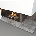 Modern Fireplace With Burning Fire Adjacent Wood Stack White Wall Concrete Base And Bookshelf 3d model