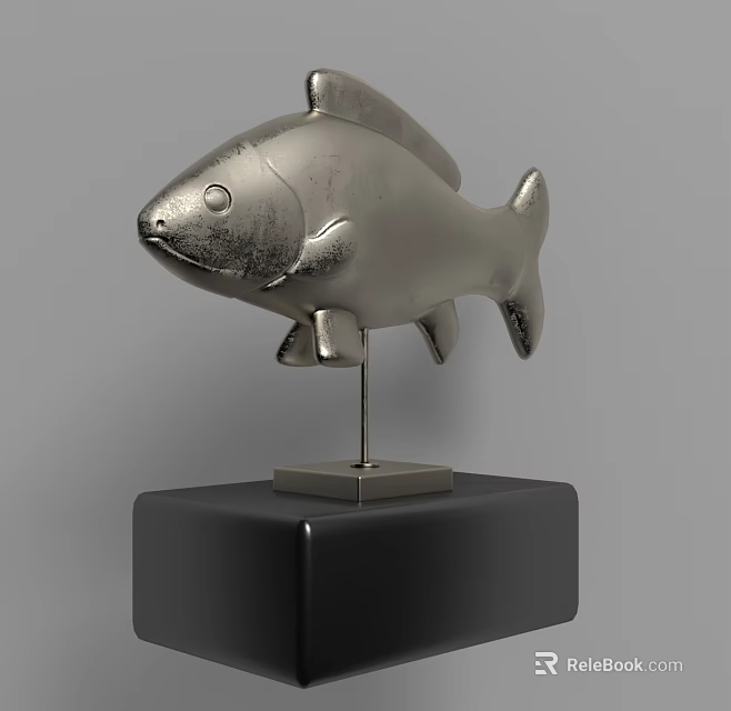 Modern Silver Fish Shaped Decorative Ornament Set With Metallic Texture And Black Cube Base 3d model 