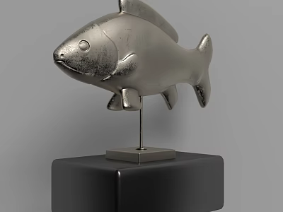 Modern Silver Fish Shaped Decorative Ornament Set With Metallic Texture And Black Cube Base 3d model