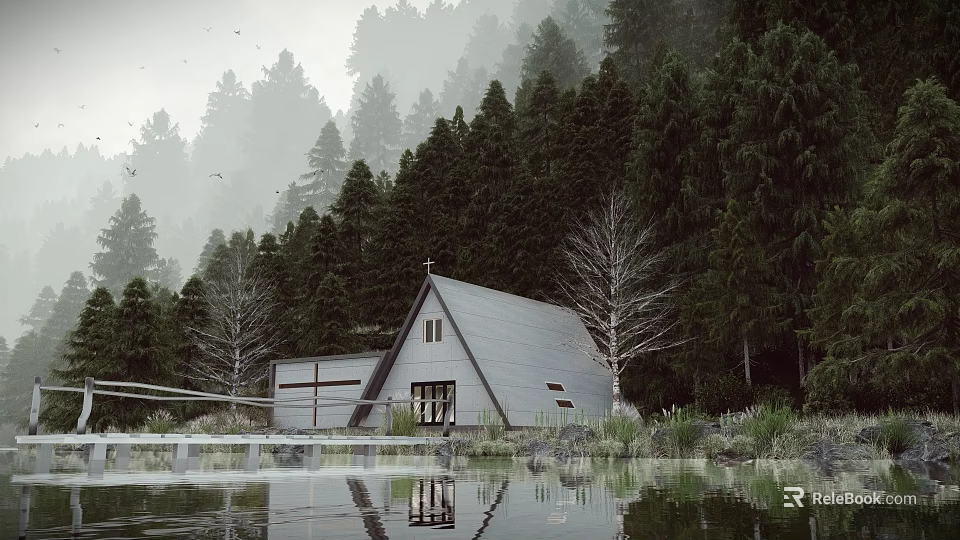 Small Chapel With Triangular Roof And Cross In Forest By Water With Reflection 3d model