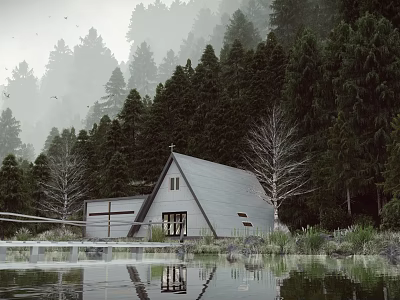 Small Chapel With Triangular Roof And Cross In Forest By Water With Reflection 3d model