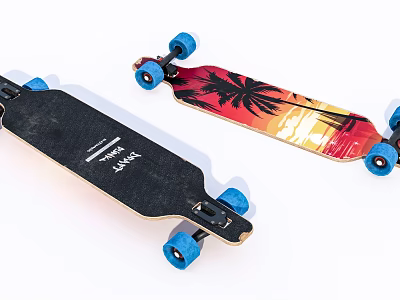 Black And Sunset Palm Tree Graphic Skateboards With Blue Wheels Design 3d model