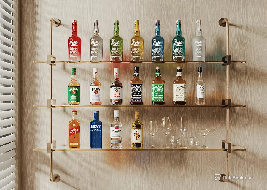 Decorative Metal Wall Shelf With Multiple Tiers Holding Various Wine Bottles And Glasses 3d model 