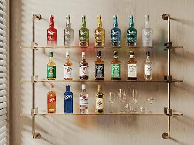 Decorative Metal Wall Shelf With Multiple Tiers Holding Various Wine Bottles And Glasses 3d model