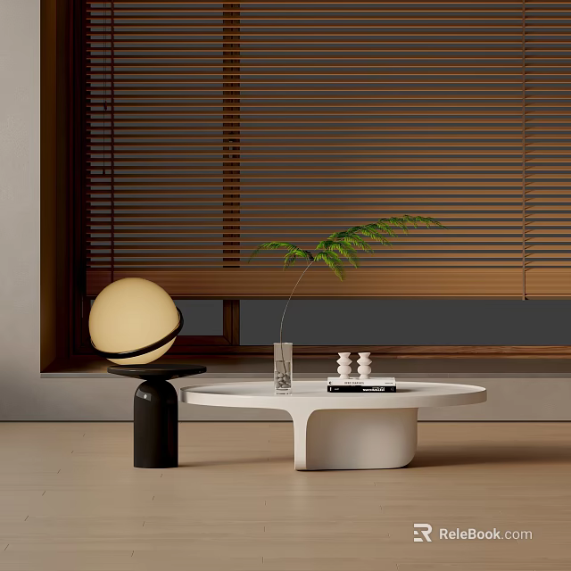 Round White Coffee Table Set With Black Base Lamp Green Plant And Wooden Blinds 3d model 