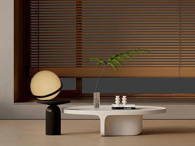 Round White Coffee Table Set With Black Base Lamp Green Plant And Wooden Blinds 3d model